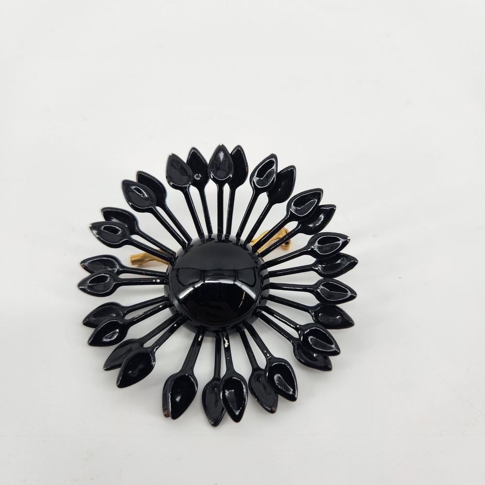 Vintage Black Enamel Sunburst Brooch Mid Century Modern Atomic Spoon Pin